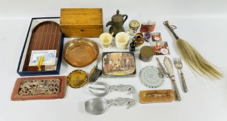 A BOX OF ASSORTED COLLECTIBLES TO INCLUDE A CARVED ORIENTAL PANEL, COMMEMORATIVE MUGS,