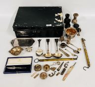 A VINTAGE METAL DEED TIN AND CONTENTS TO INCLUDE PLATED WARE,