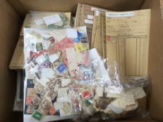 STAMPS: BOX WITH GB ALL REIGNS IN BAGS AND LOOSE, ON CARDS, IN CIRCULATED CLUB BOOKS ETC.