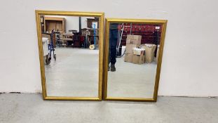 2 X GILT FRAMED MIRRORS, ONE WITH BEVELLED GLASS, THE LARGEST 98 X 69CM.