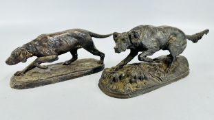 TWO VINTAGE BRONZE SETTER DOG SCULPTURES MARKED P.J. MENE.