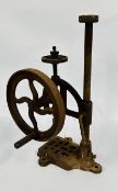 A VINTAGE CAST HAND OPERATED / CRANKED PILLAR DRILL.