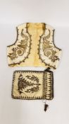 A VINTAGE WHITE METAL BROCADE CHILD'S WAISTCOAT AND DRAWSTRING POUCH.