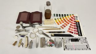 A TRAY OF COLLECTIBLES TO INCLUDE SILVER FRUIT KNIFE AND SEED PICKER, VINTAGE LIGHTERS,