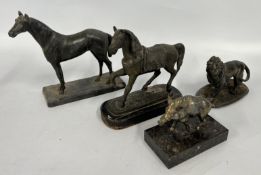 TWO VINTAGE SPELTER HORSE STUDIES + A SPELTER LION & A SILVER PLATED WILD BOAR MOUNTED ON A