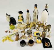 A BASKET OF COLLECTIBLES TO INCLUDE TRINKET BOXES, CABINET ORNAMENTS, BESWICK 1030 CAT,