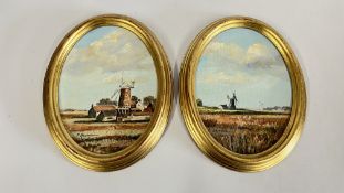 A PAIR OF OVAL GILT FRAME OIL ON BOARD BROADLAND SCENES TO INCLUDE THURNE & CLEY MILL BEARING
