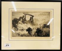 JOHN ROBERT KEITLEY DUFF R.I. (1862-1938) SIGNED ETCHING OF HIGHLAND SHEARING, 17.5CM X 23.5CM.