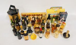 A BOX OF ASSORTED SPIRIT MINIATURES TO INCLUDE VODKA, WHISKY, PORT AND BRANDY EXAMPLES ETC.