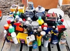 ASSORTMENT OF VARIOUS PAINTS, GARDEN CHEMICALS, SPIRIT, WOODWORM KILLER, ETC.