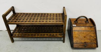 VINTAGE TEAK LATTICE SHOE RACK, LENGTH 70CM, ALONG WITH A VINTAGE OAK COAL BUNKER.