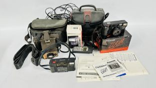 A BOX OF PHOTOGRAPHIC EQUIPMENT TO INCLUDE OLYMPUS TRIP, POLAROID LAND CAMERA,