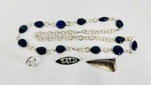 TWO MODERNIST WHITE METAL BROOCHES, ONE MARKED 900 + A SIMILAR STYLE SILVER RING & A LAPIS NECKLACE.