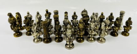 A DECORATIVE ROMAN EMPIRE STYLE 32 PIECE CAST CHESS SET.