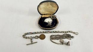 AN ELABORATE VINTAGE CONTINENTAL FOB WATCH MARKED 800 (NO GLASS OR HANDS) & WATCH CHAIN MARKED