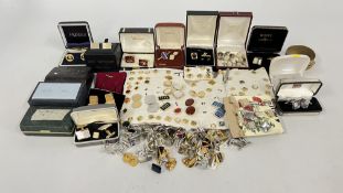 A BOX CONTAINING AN EXTENSIVE GROUP OF ASSORTED CUFF LINKS AND TIE PINS, ENAMEL,