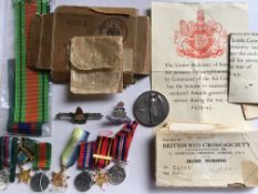 MEDALS: SMALL SELECTION ODDMENTS WITH MINIATURES, SWEETHEART BADGES, WW2 BOX AND AWARD CERTS,