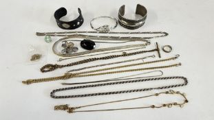 A GROUP OF MAINLY VINTAGE JEWELLERY TO INCLUDE WATCH CHAIN, PERSIAN WHITE METAL CUFF BRACELET,