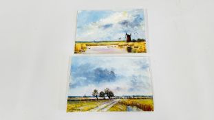 A PAIR OF UNFRAMED OIL ON CARD STUDIES MARSHLAND AND HALVERGATE MARSH EXAMPLE, W 18 X H 13CM.