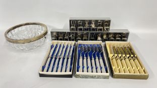A GROUP OF BOXED SILVER PLATED CUTLERY AND A GLASS BOWL WITH PLATED RIM ALONG WITH 3 X BOXED SETS