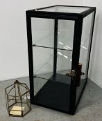 VINTAGE GLAZED 2 SHELF DISPLAY CABINET PLUS A VINTAGE BRASS FRAMED GLAZED TERRARIUM.