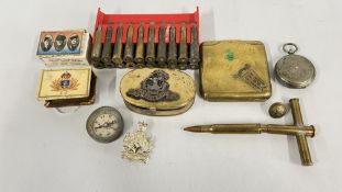 A GROUP OF VINTAGE TRENCH TO INCLUDE TOBACCO TIN, MATCH BOX HOLDERS, COMPASS ETC.