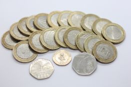 19 X COLLECTABLE £2 COINS + 2 X 50 PENCE PIECES AND A 20 PENCE PIECE.