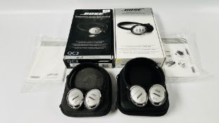 TWO PAIRS OF BOSE QUIET COMFORT 3 ACOUSTIC NOISE CANCELLING HEADPHONES WITH ACCESSORIES (EAR