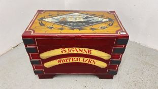 A PAINTED TWO HANDLED TRUNK DEPICTING A SHIPPING SCENE, W 76 X D 43 X H 53CM.