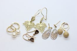 3 X PAIRS OF 9CT GOLD PENDANT EARRINGS AND TWO 14CT GOLD PAIRS.
