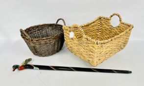 TWO BASKETS TO INCLUDE WICKER AND SEAGRASS + A LACQUERED WALKING STICK,