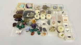 A BOX OF VARIOUS SPECIMENS TO INCLUDE STONE, AGATE AND CRYSTAL, RUBY, AQUAMARINE, TOURMALINE,