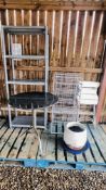 GROUP OF SHED AND GARDEN ITEMS TO INCLUDE PLASTIC 5 TIER SHELF, METAL STORAGE TOWER,