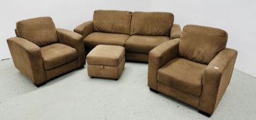 A MODERN FAWN UPHOLSTERED TWO SEATER SOFA,