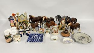 A GROUP OF SUNDRY CHINA TO INCLUDE STAFFORDSHIRE STYLE FLAT BACK, COMMEMORATIVE MUGS,