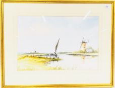A FRAMED + MOUNTED WATERCOLOUR DEPICTING THE NORFOLK BROADS SIGNED S.F. CLARKE, W 53 X H 35.5CM.