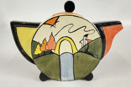 A DESIGNER LORNA BAILEY BRIDGE AND STREAM TEAPOT, BEARING SIGNATURE, H 19CM. LID RESTORED.