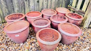 GROUP OF TEN SALT GLAZED STONEWARE GARDEN POTS, LARGEST 27CM TALL.