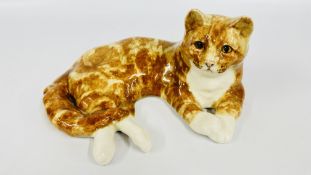 WINSTANLEY NUMBER 7 POTTERY TABBY CAT, SIGNED ON BASE, LENGTH 37.5CM.