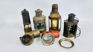 A GROUP OF LANTERNS TO INCLUDE A MINER'S EXAMPLE + A VINTAGE G.P.O.
