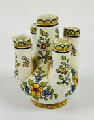 AN ANTIQUE FRENCH FAIENCE FIVE FINGER TULIP VASE, 11CM.