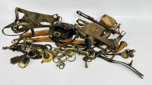 A GROUP OF VINTAGE HORSE TACK, HARNESSES, BITS AND BRIDLES & YOKE.