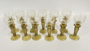 A SET OF 12 ANTIQUE ROEMER HOCK WINE GLASSES IN THE FRITZ HECKERT STYLE (3 X A/F).