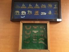MILITARIA: FRAMED DISPLAY OF CAP BADGES AND SHOULDER / COLLAR TITLES ETC.