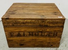 A SLATED WOODEN TRUNK / BOX STAMPED 