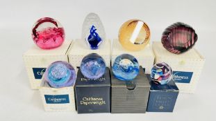 8 X COLOURED PAPERWEIGHTS INCLUDING SEVERAL CAITHNESS GLASS, ALL BOXED.