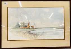A FRAMED + MOUNTED WATERCOLOUR DEPICTING A BROADLAND SCENE SIGNED JASON PARTNER, W 53 X H 31CM.