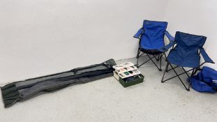 TWO FOLDING CHAIRS AND A CRANE CARRY BAG ETC.
