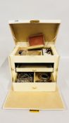 JEWELLERY CASKET CONTAINING ASSORTED COSTUME JEWELLERY TO INCLUDE BROOCHES, NECKLACES, EARRINGS,