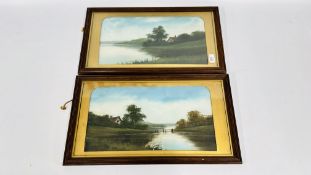A PAIR OF FRAMED AND MOUNTED OIL PAINTINGS DEPICTING RIVER SCAPES UNSIGNED (W 57 X H 32CM INCLUDING